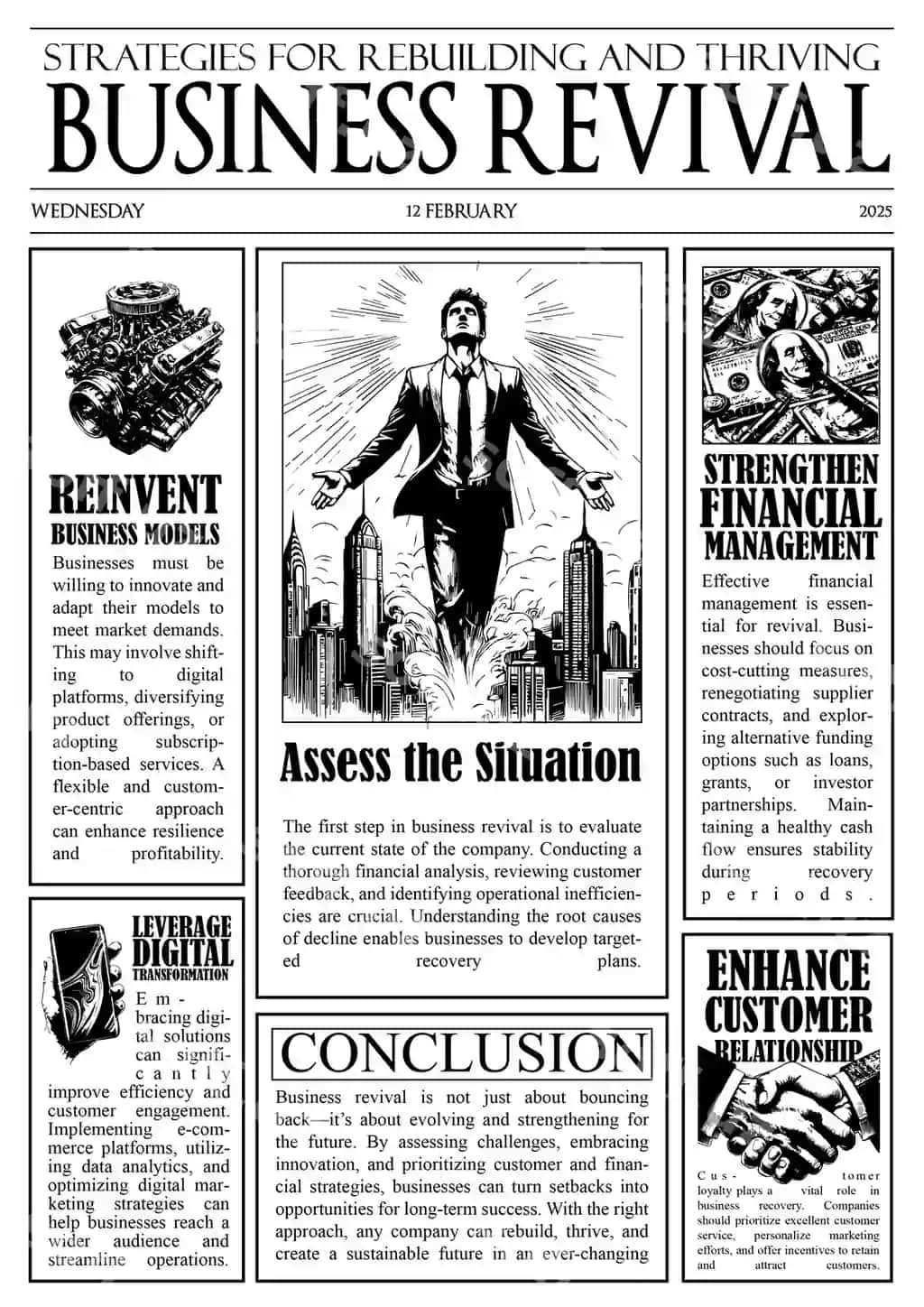 Biznesni qayta tiklash gazeta uslubidagi dizayn maqolalari bilan | Bussines revival newspaper style design with articles