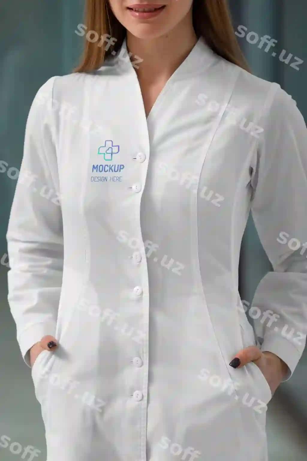 Ayollar tibbiyot xodimi lab kostyumini kiygan namuna dizayni | Female medic wearing lab coat mock up design 2