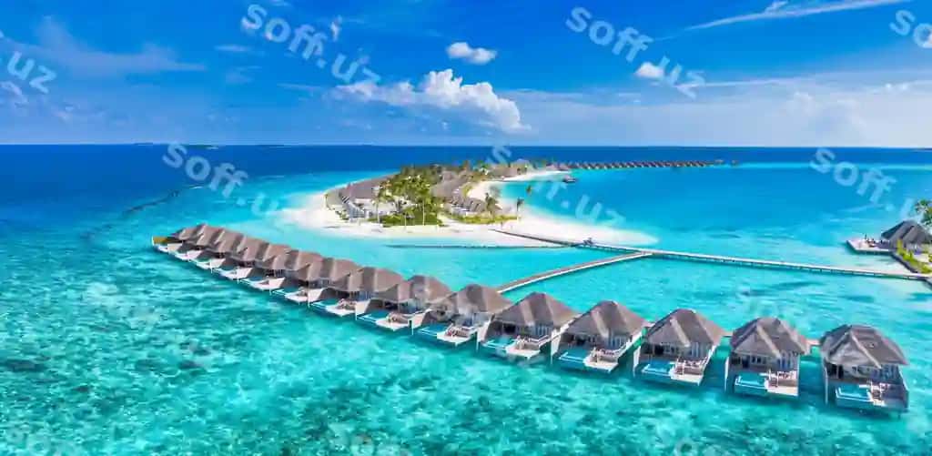 Havaskan bungalovlar villalar ajoyib dengiz laguna ko'ra plyaj ekszotik manzil yozdagi dam olish devor paramidesi | Aerial bungalows villas amazing sea lagoon bay beach exotic destination summer vacation wallpaper