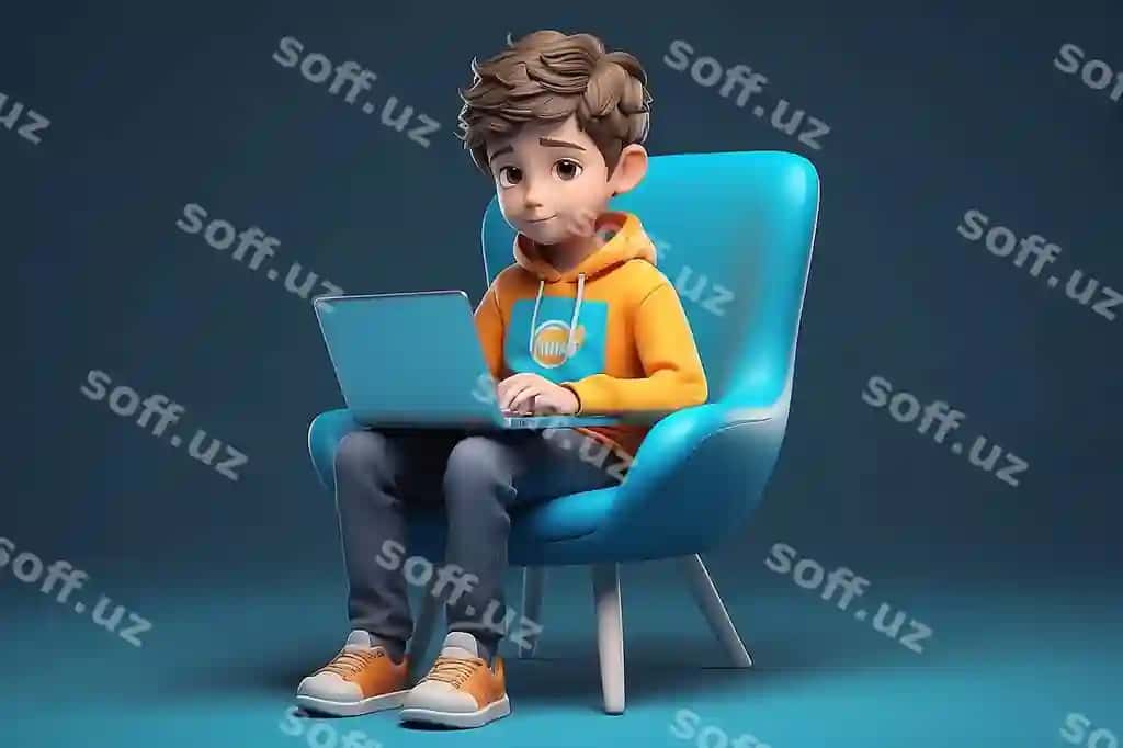 Yosh bola noutbukdan foydalangan holda stulda o'tirib 3D shaxs illustratsiyasi | Young boy using laptop sitting chair 3d character illustration