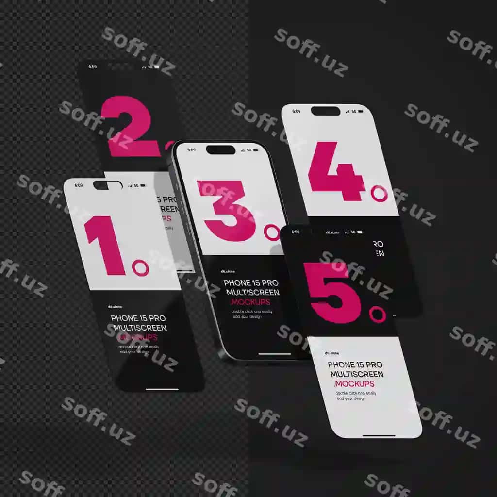 Psd realistik iphone 15 pro ko'plab ekranlar mockup shabloni tahrir qilish mumkin | Psd realistic iphone 15 pro multiscreen mockup template with editable 2