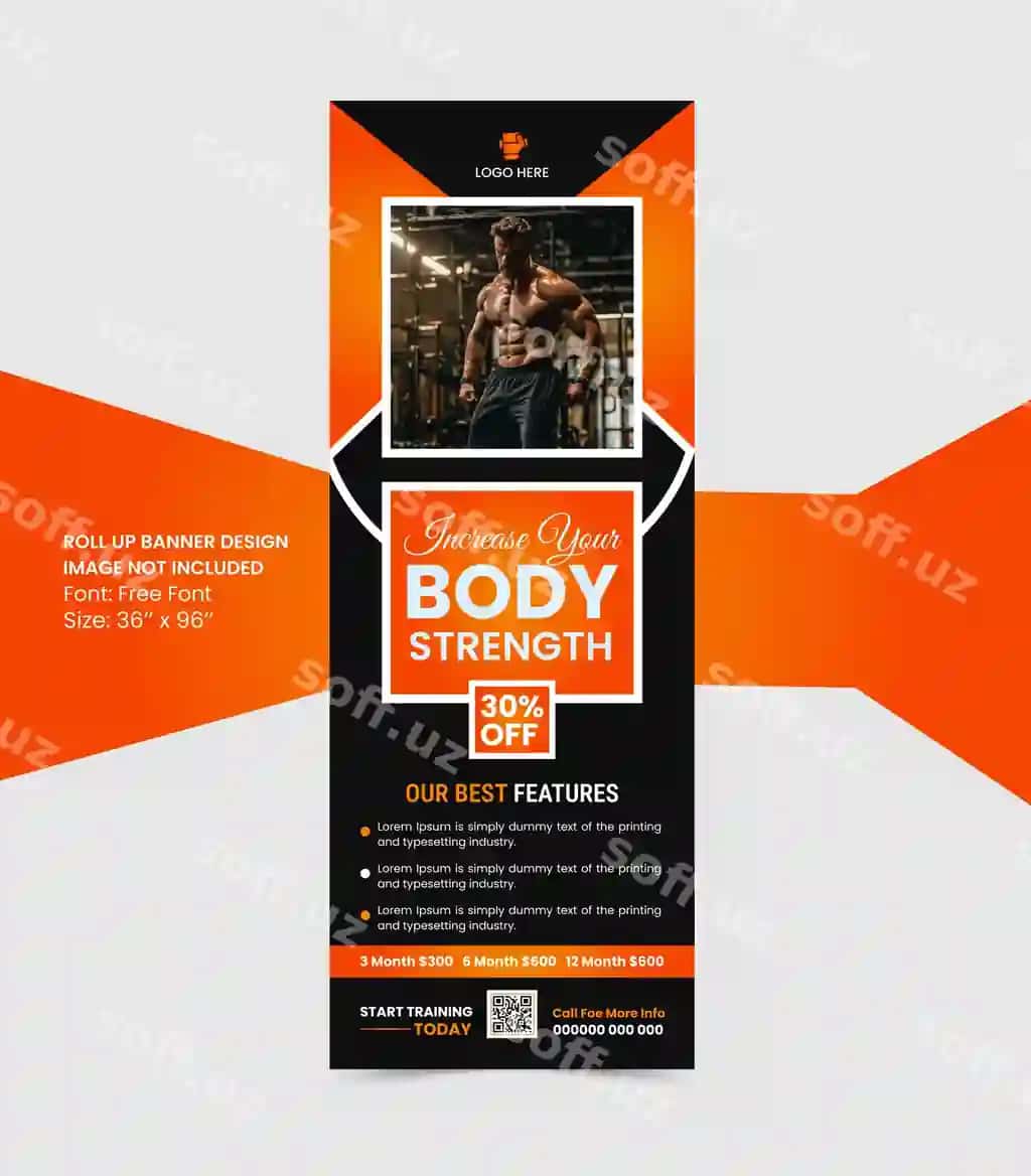 Fitness jim biznesi uchun tutib qolgan innovatsion rollup banner dizayni bilan | Fitness gym business stranded innovative rollup banner design with