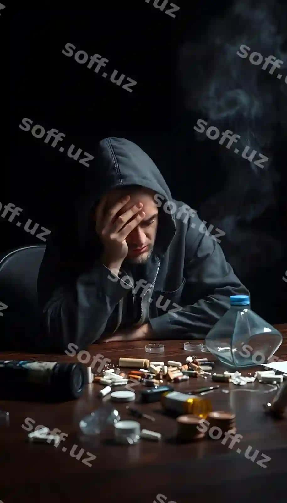 Narkotik bog'ib boshqotirildi vositachilikdan foydalanish jadvali bog'iblikdan azob olmoq qorong'iq qora | Drug addict was arrested drug use table suffering from addiction dark black