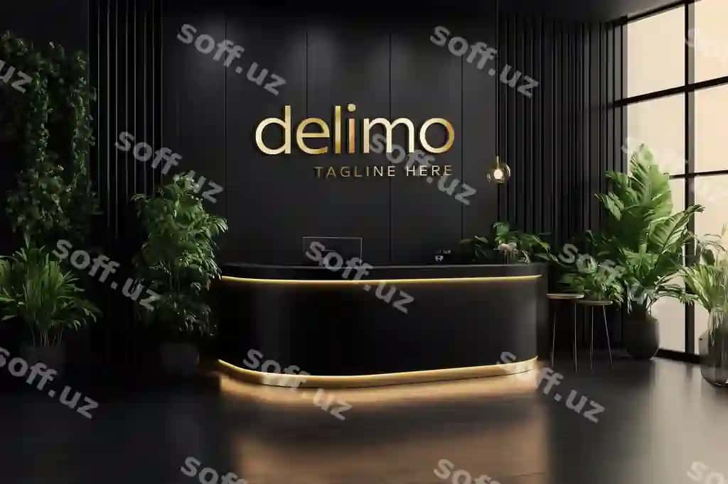 Ofis reseptsion oltin logotip namunasi | Office reception gold logo mockup