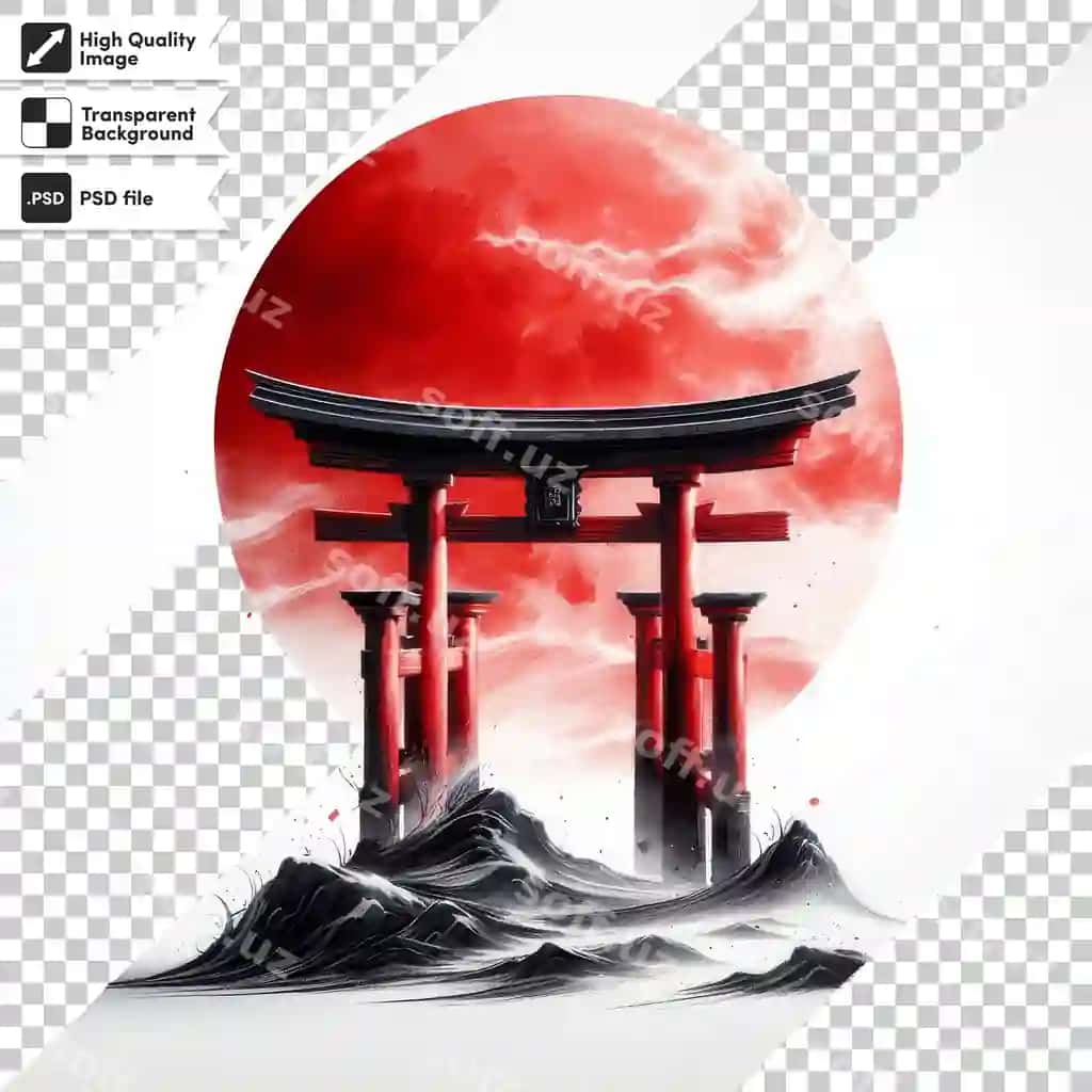 Poster Yapon manzili qizil quyosh orqa fonda | Poster japanese shrine with red sun background