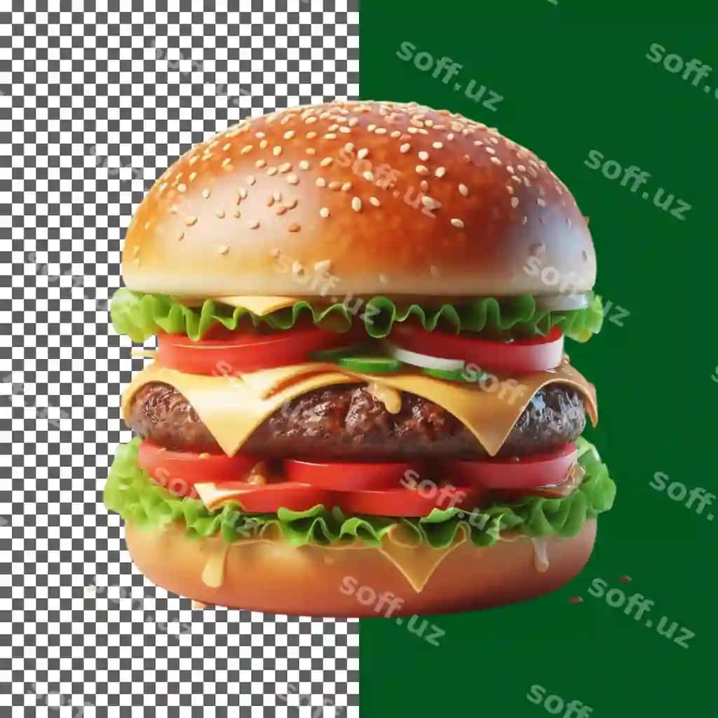 Misharli cheeseburger sesli urug'li non bilan shaffof orqa fonda PNG | Tasty cheeseburger with sesame seed bun transparent background png