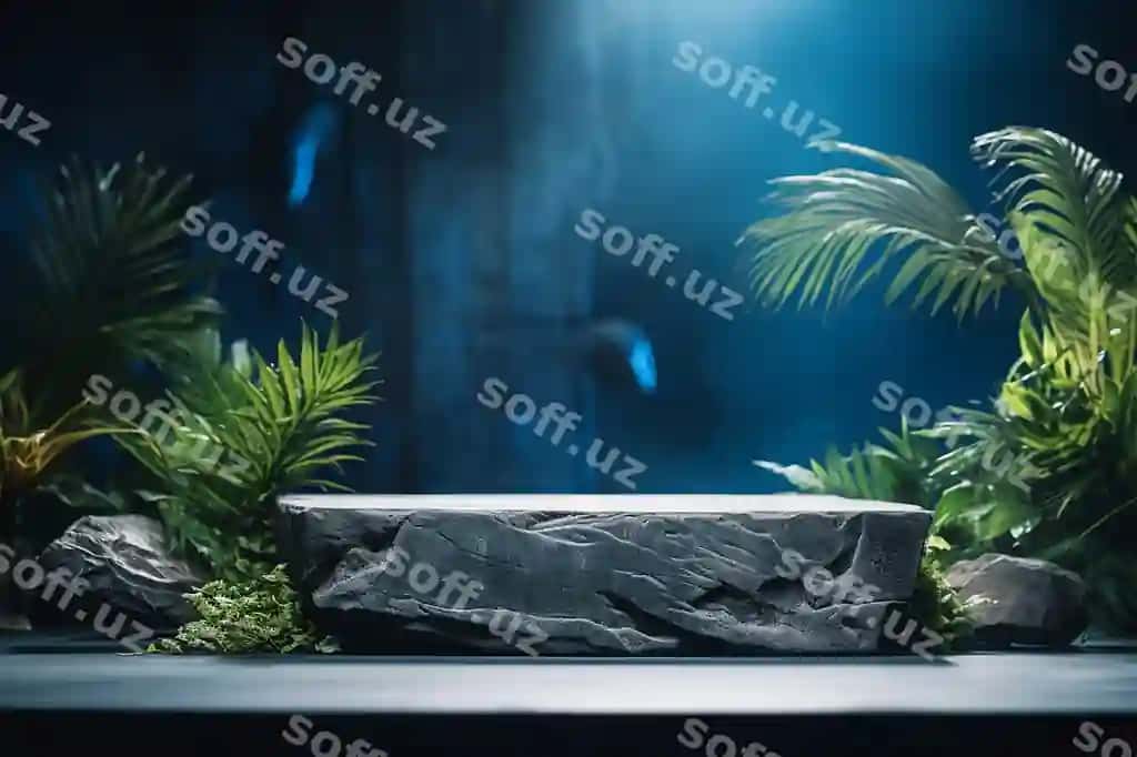 Qism tosh shakl podium studiya ko'plab yashil o'simliklar | Piece stone form podium studio lots greenery