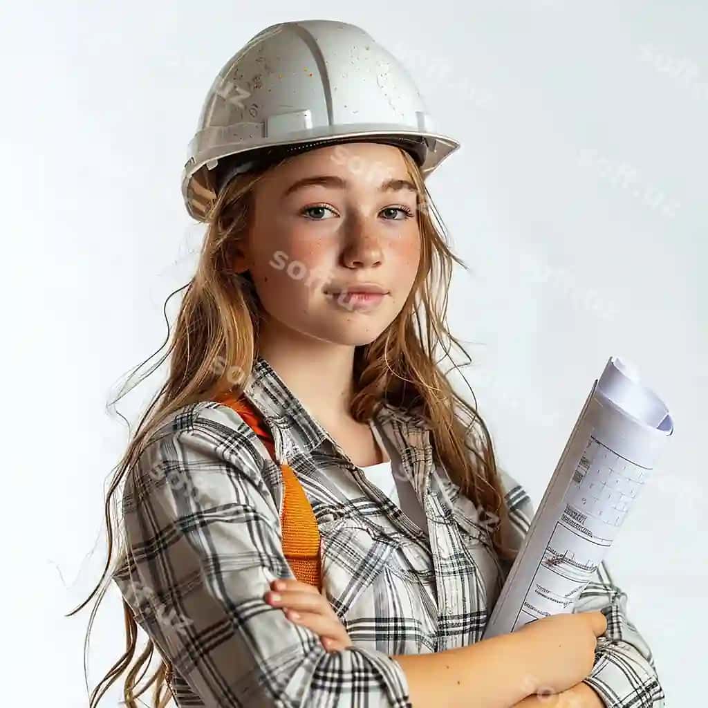 Ayol qora kaska bilan bino xaritasining chizmasini tutgan | Woman with hard hat holding map building blueprint
