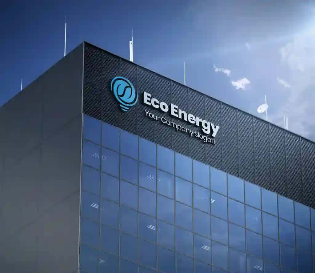Logotipli ekologik energiya kompaniyasi binosi | Eco energy company building with logo