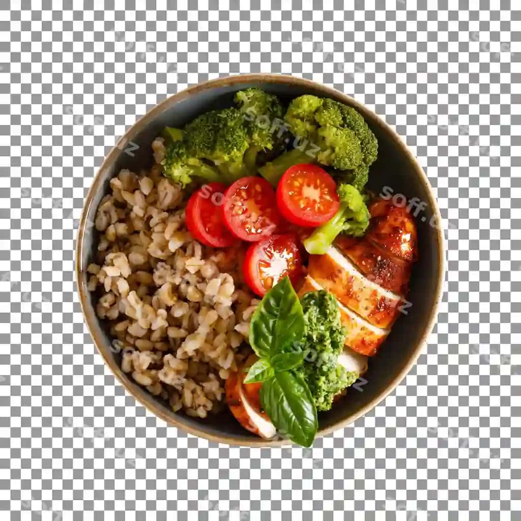 Qovur ovqati brokkoli pomidorlar shaffof fonda ajratilgan | Bowl food with broccoli tomatoes isolated transparent background