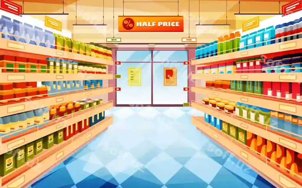 Supermarket do'konlari binoda ichki ko'rinish vektor rasmi | Supermarket shop store indoor viewvector image 2