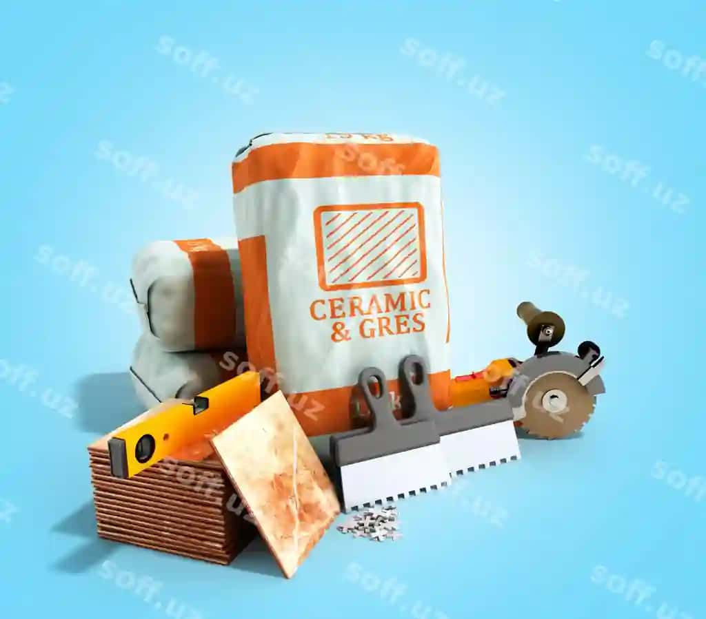 Plitka yopishtiruvchi to'plami keramik yopishtiruvchi plitka yotqizish vositalari 3d render ko'k gradient | Tile adhesive package ceramic glue tile laying tools 3d render blue gradient