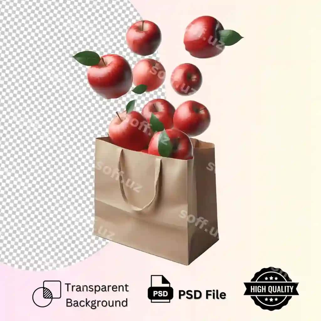 Qizil olmalar qayta ishlatiladigan qog'oz po'shakka tushyapti, ajralgan shaffof. | Red apples falling into recyclable paper bag isolated transparent