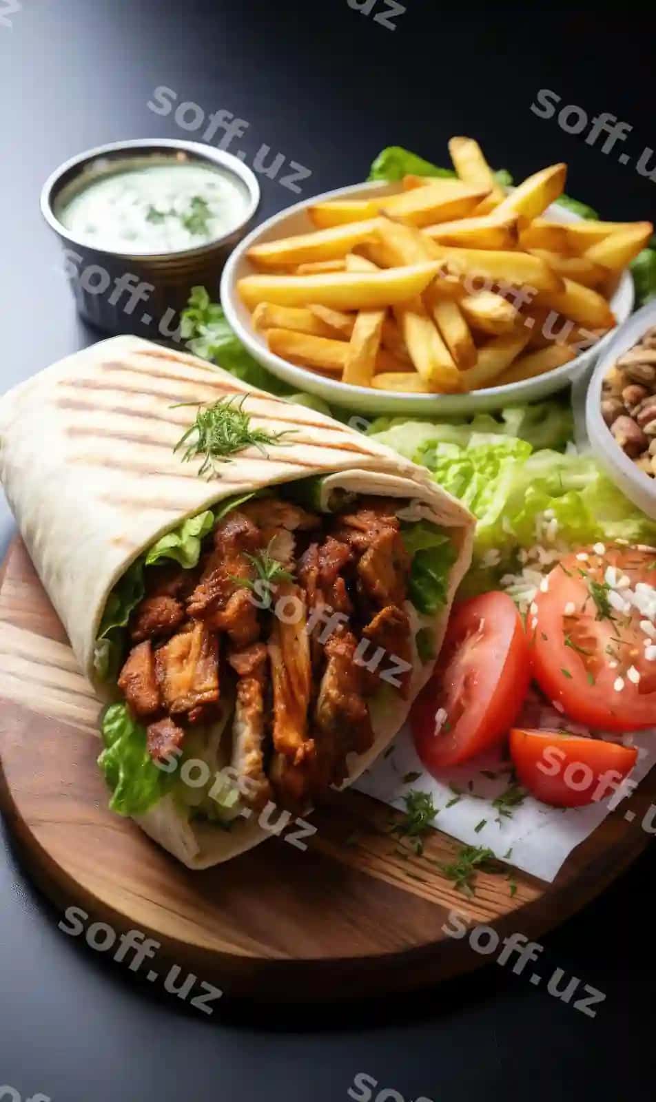 Tovuqli doner lavashi fri bilan studiya orqa fonda | Chicken doner lavash with fries studio background