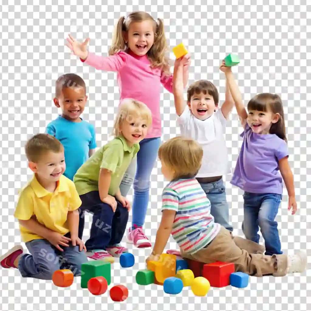 Guruh bolalar bloklarni o'yin kulish shaffof orqa fonda | Group children playing with blocks laughing transparent background