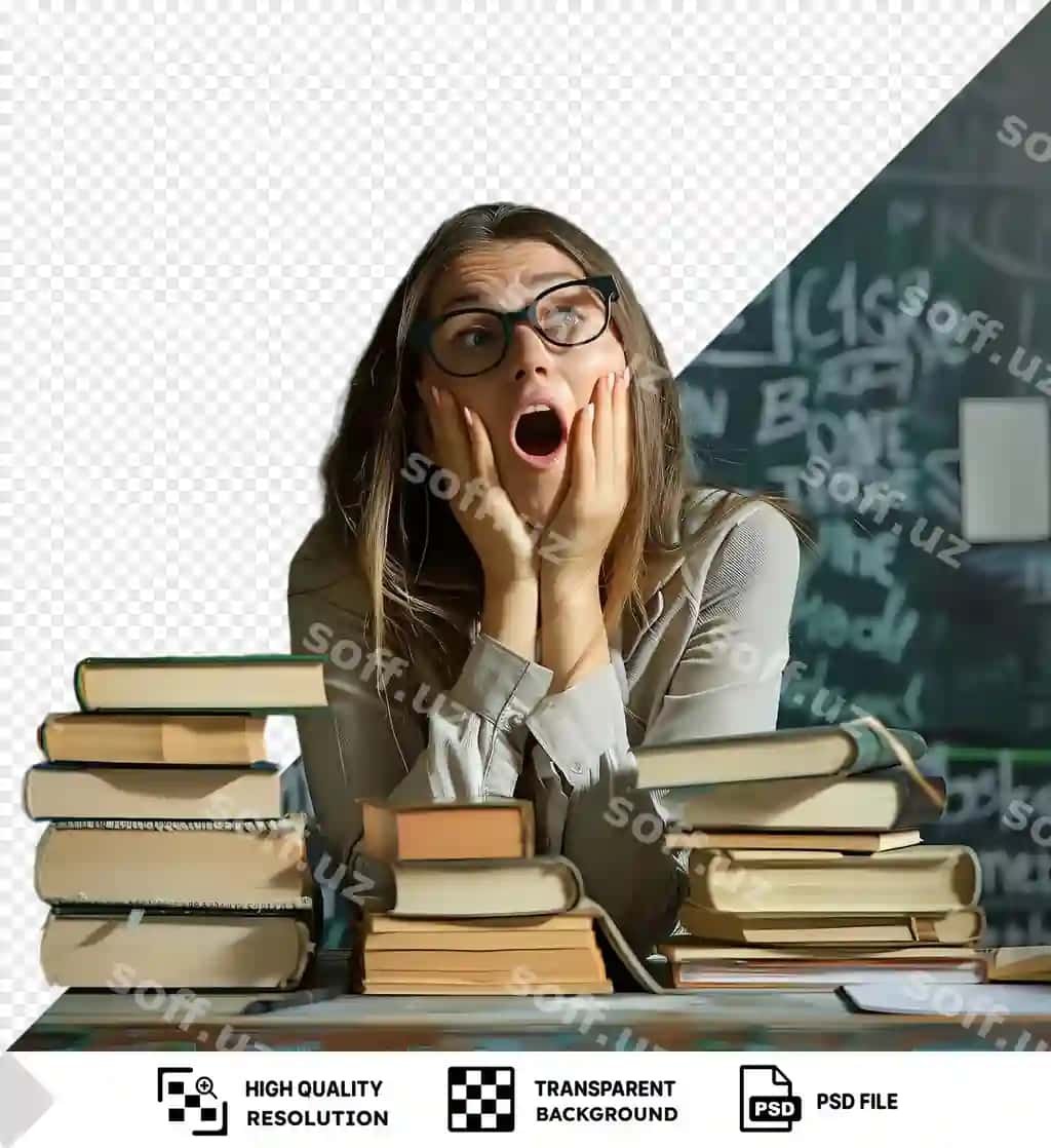 Shaffof old doskadagi qoziq kitoblar yosh ayolni hayratda qoldirdi | Young woman surprised by pile books front chalkboard with transparent