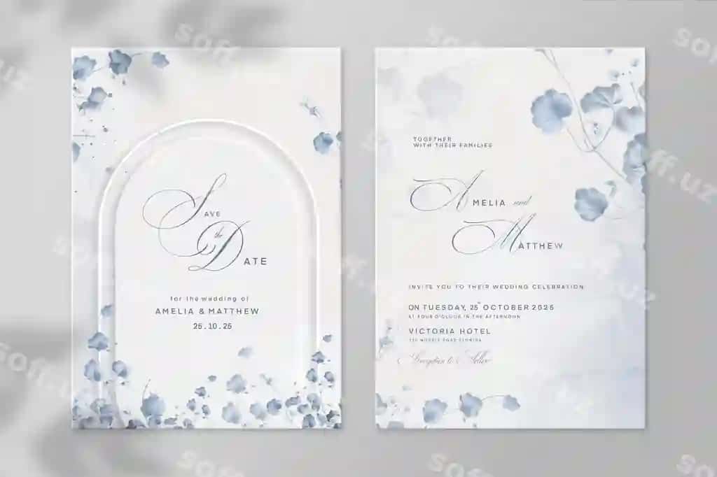 Geometrik gulli nikoh kartasi ko'k yaproqlar bilan | Geometric floral wedding card with blue leaves