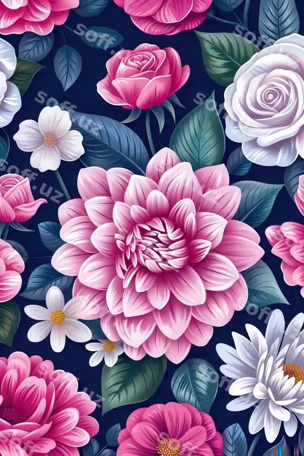 Binofat gulli naqshda pink oq yashil gullar ko'k orqa fonda | Vibrant floral pattern with pink white green flowers navy blue background
