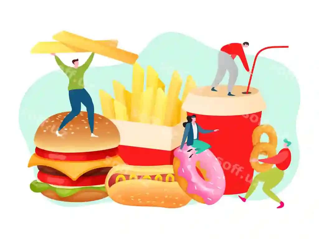 Fast food konseptsiyasi kichik odamlar: burger, kartoshka fri, hot dog, kola. | Fast food concept tiny people with burger french fries hot dog cola 2