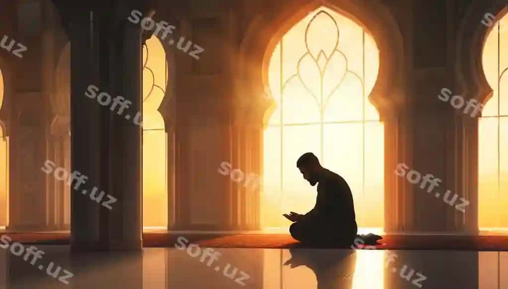 Diniy musulmon erkak masjid ichida namoz oqiyotgan. | Religious muslim man praying inside mosque