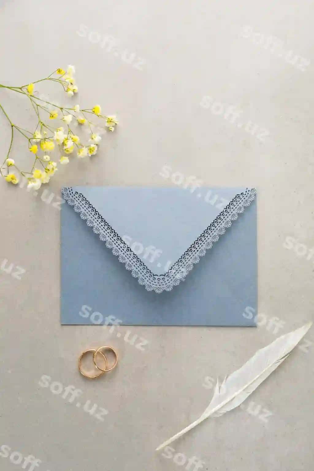 Elegant ko'k nikoh taklifi pitsa tutuq bilan | Elegant blue wedding invitation with lace feather 2