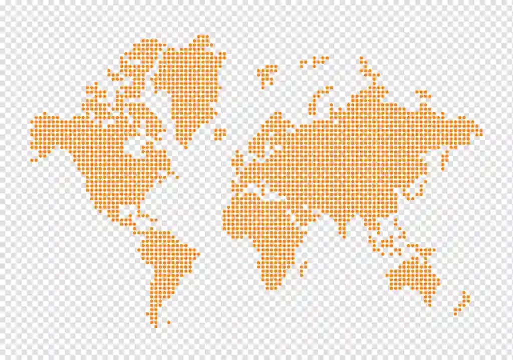 Jahon xaritasi shaffof fonda to'q sariq nuqtalardan yasalgan | World map made orange dots isolated transparent background