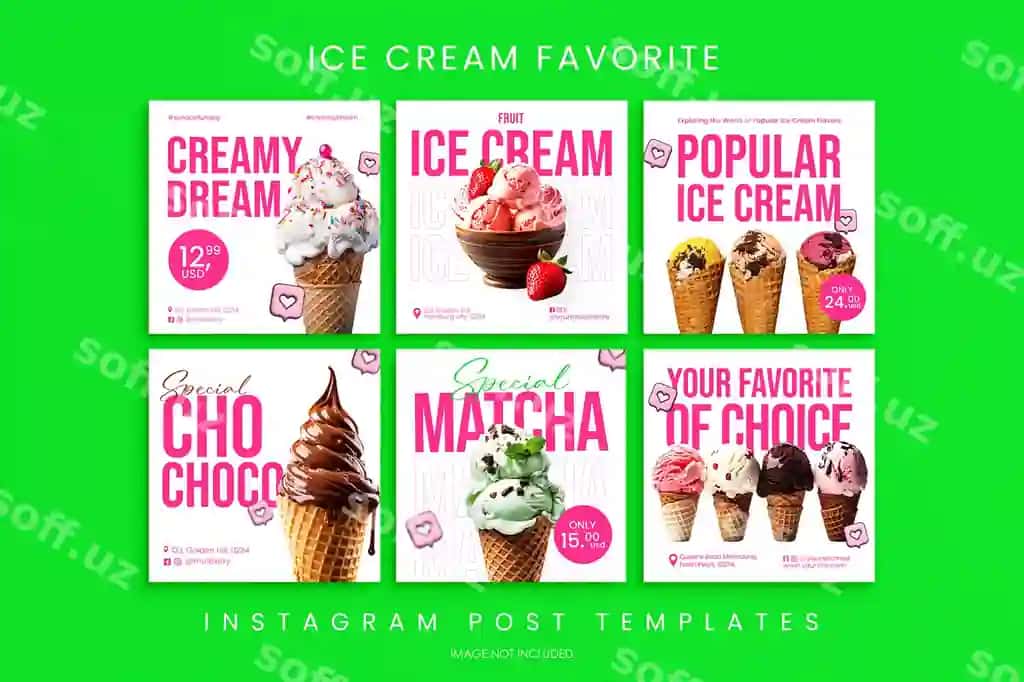 Sevimli muzqaymoq uchun Instagram paketi dizayni – Ijtimoiy media posti | Bundle favorite ice cream instagram pack design social media post 2
