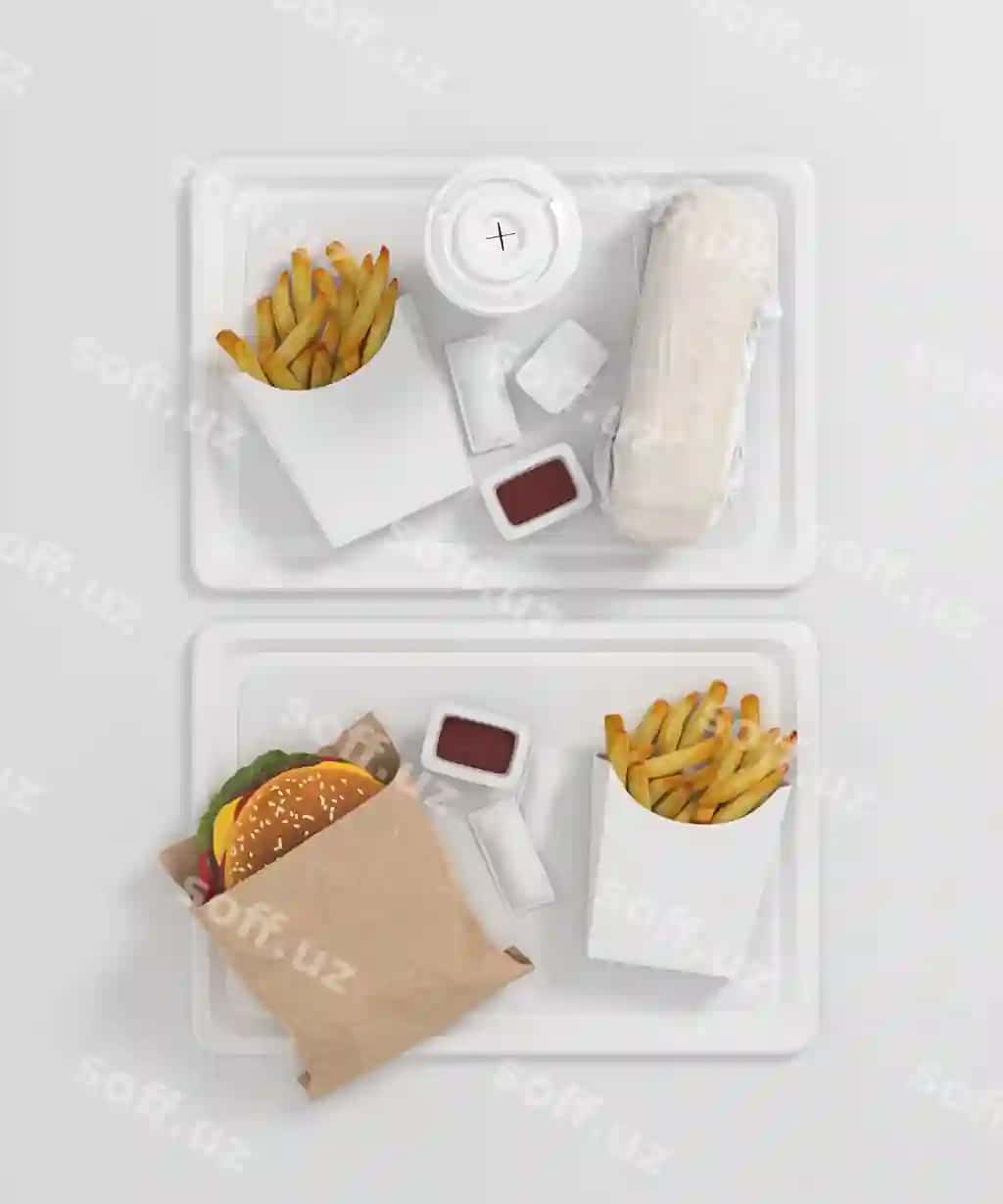 Tez ovqatlanish uchun qadoq taksi rasmi | Fast food packaging mockup design 2