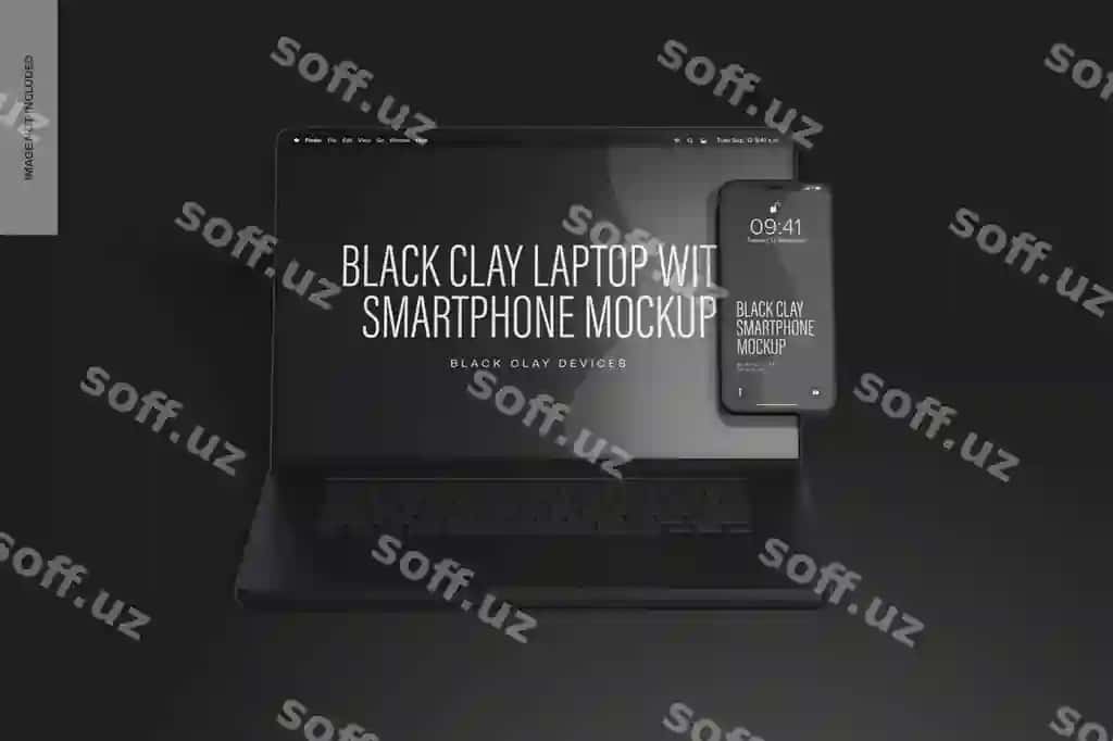 Qora clay laptop pro suzuvchi akilliy telefon mockup bilan | Black clay laptop pro with smartphone mockup floating 2