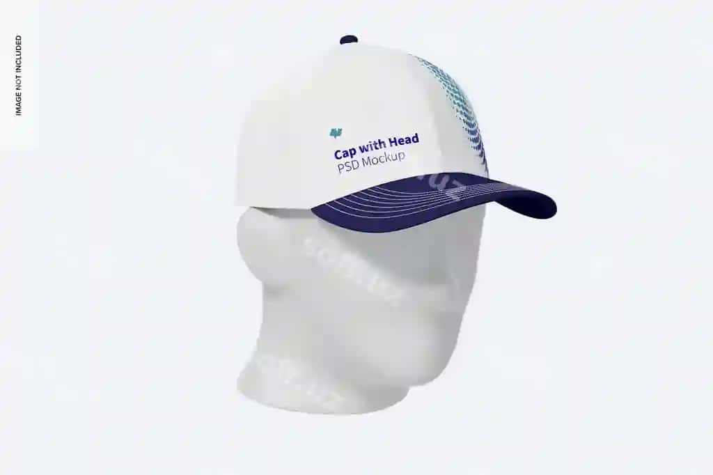 Bosh kap mockup 3 4 oldinchi chap tomondan ko'rinish | Cap with head mockup 3 4 front left view 2