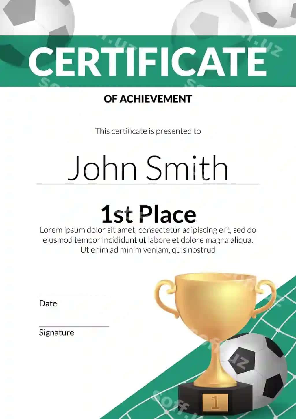 Vektor illustratsiyasi futbol oltin kupa trofey sertifikat shabloni | Vector illustration football golden cup trophy certificate template