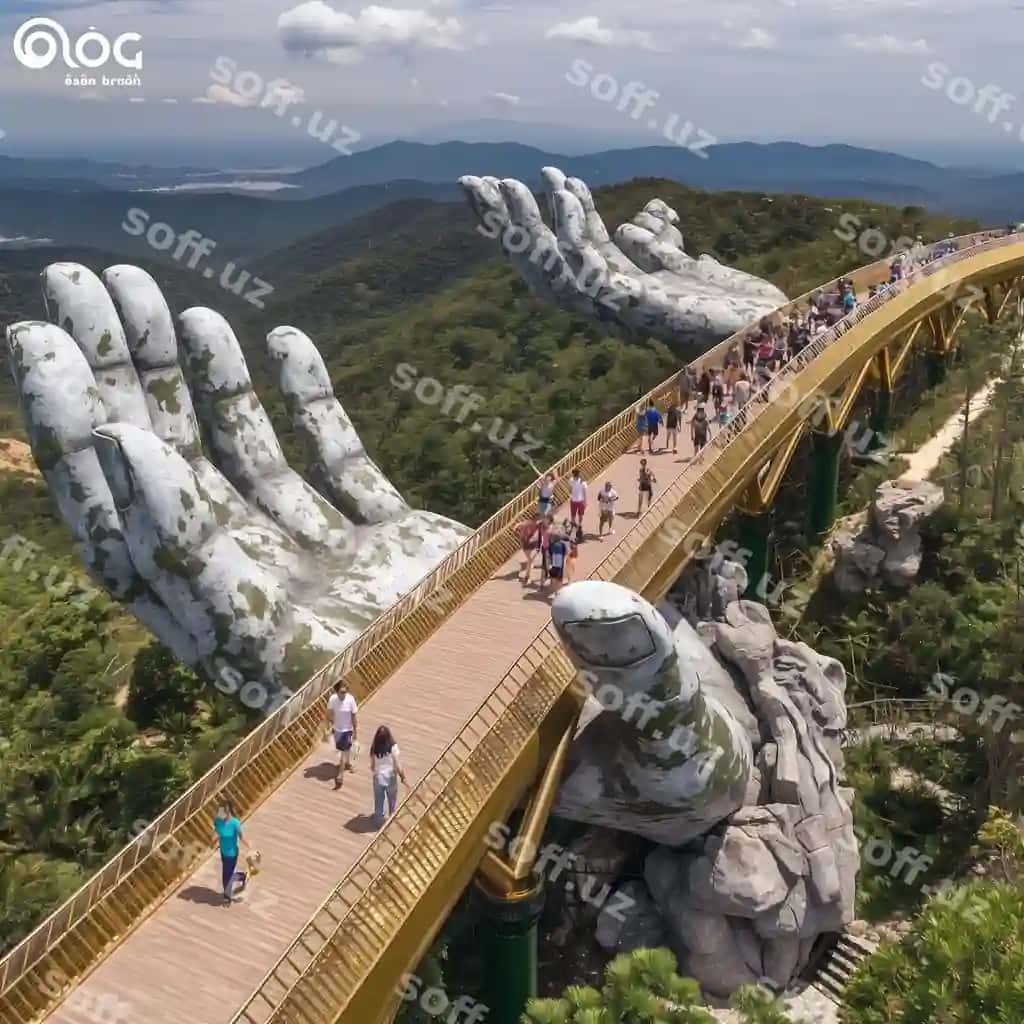 AI generatsiyasi rasmi Vietnamlik Oltin ko'pri uzunligi 150 metr (490 fot) bo'lgan piyola ko'pri. | Ai generator image golden bridge vietnamese cu vng is 150metrelong 490 ft pedestri