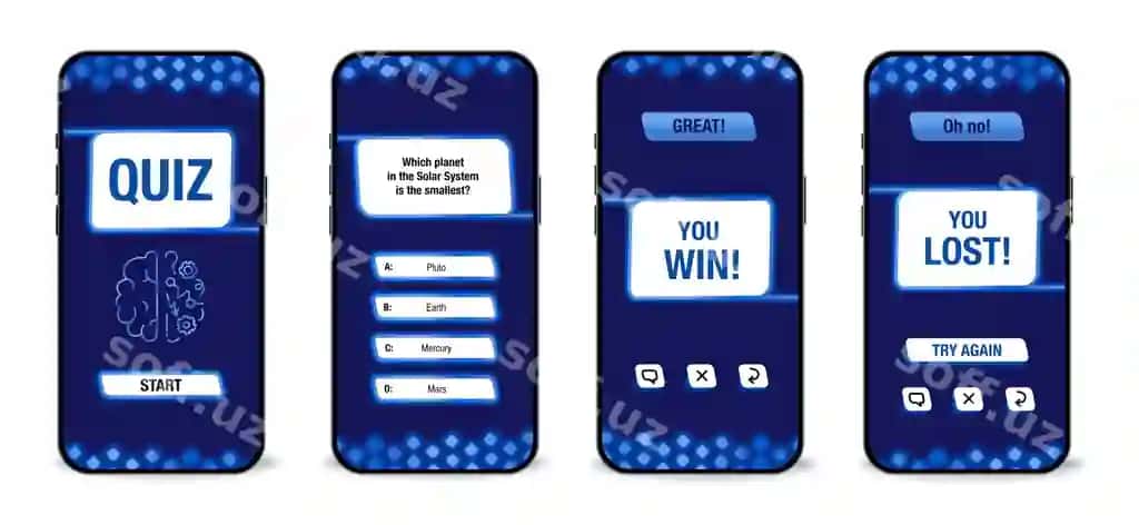 Shablon mobil ilova interfeysi testi qora ko'k fon | Template mobile application interface quiz dark blue background