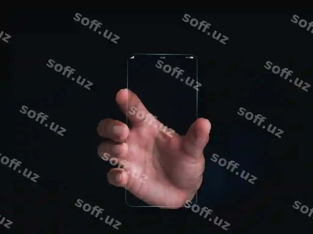 Kelajakli shaffof shisha telefon texnologiyasi juda hammurat shaffof kelajak akilliq telefon vertikal model bo'sh ekran qoliq qorong'i fona | Futuristic transparent glass phone technology super slim transparent future smartphone with vertical mockup blank screen hand dark background 2