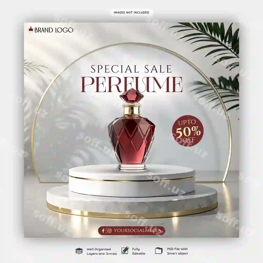 Parfyum go'zalik mahsulotlari makeup chegirma banner posti ijtimoiy tarmoqlar shabloni | Perfume beauty products makeup sale banner post social media template