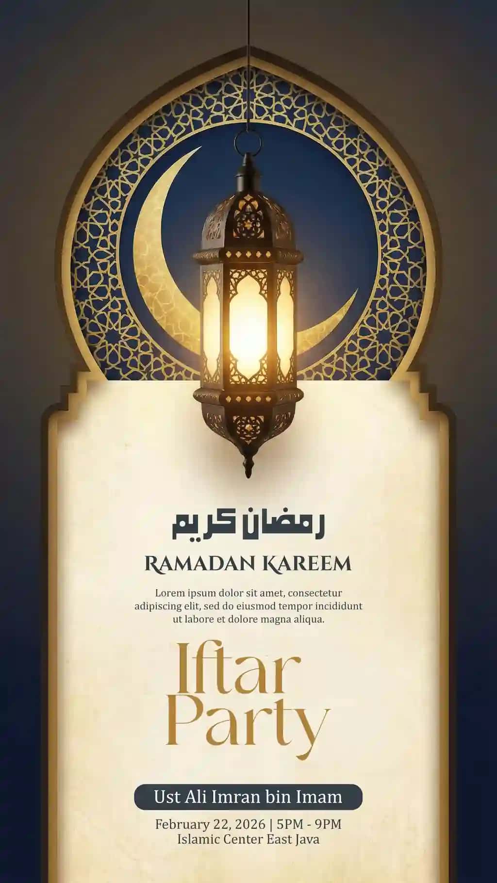 Chiroqli yarim oyli nafis Ramazon kareem iftorlik ziyofatiga taklifnoma | Elegant ramadan kareem iftar party invitation with lantern crescent