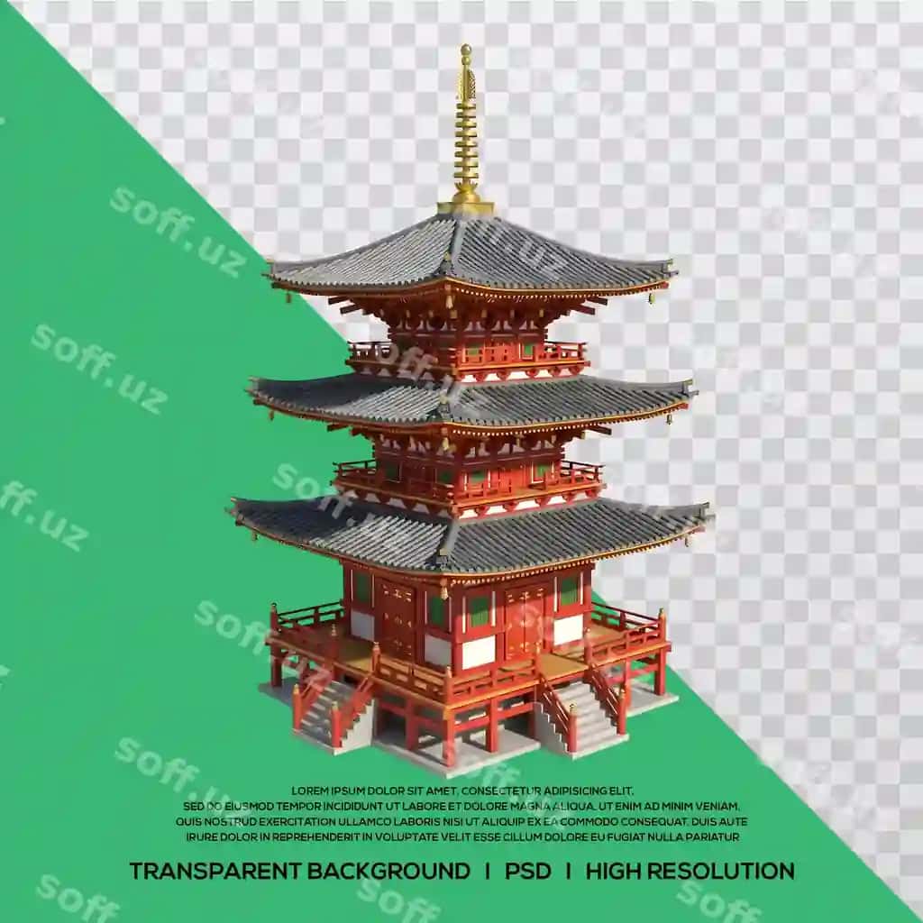 An’anaviy yaponcha pagoda templi 3d renderi | Traditional japanese pagoda temple 3d render
