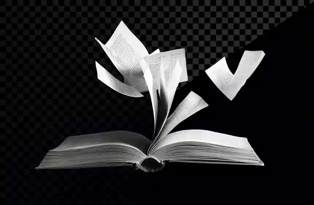 Shaffof fonda uchib yuruvchi sahifalar bilan qora oq fotosurat ochiq kitob | Black white photograph open book with flying pages transparent background