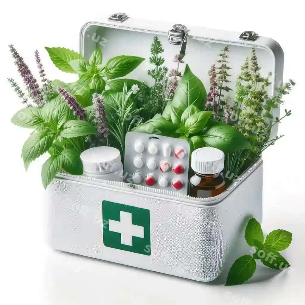 Taze shifobaxshilik otlari birinchi yordam to'plami ajraltirilgan oq fonda | Fresh medicinal herbs first aid kit isolated white background