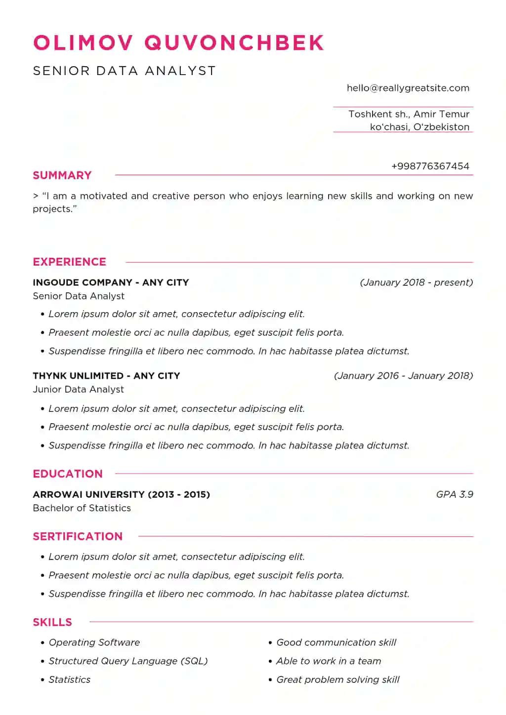 Professional CV shablon (PDF formatda)