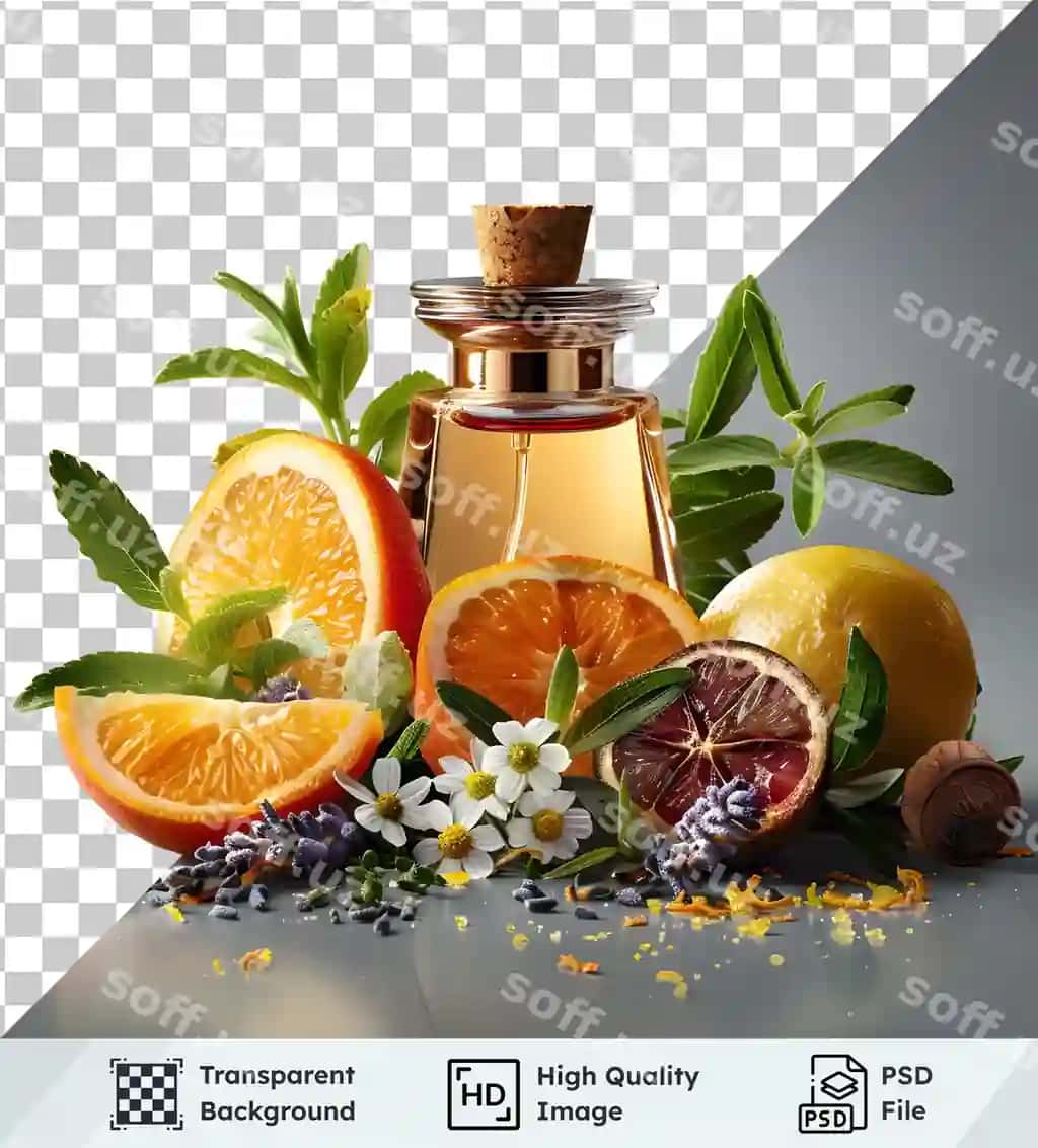 Tsitrus parfyumi gullar bilan shaffof rasm | Citrus perfume with flowers transparent image