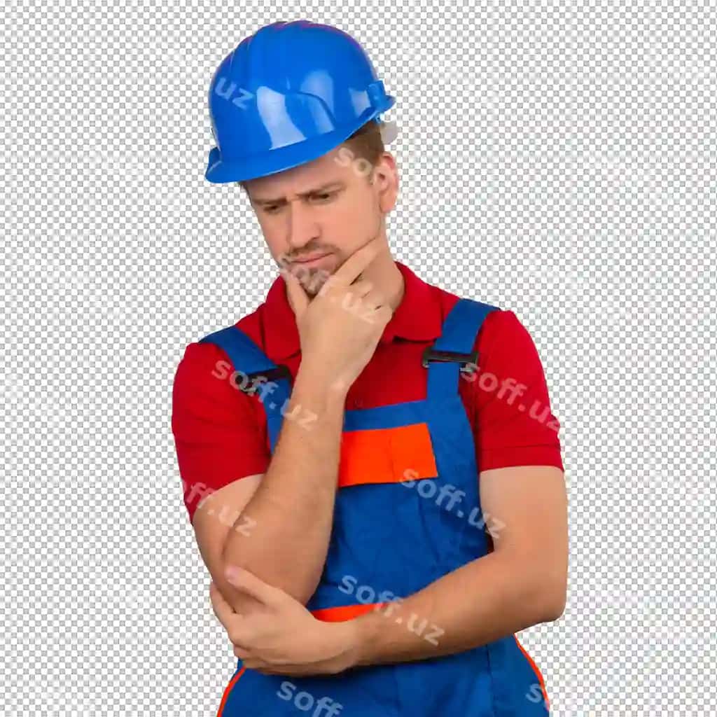 Yosh quruvchi erkak qurish kostyumi, xavfsizlik bosh poyabini o'ylayotgan va bog'lanayotgan. | Young builder man construction uniform safety helmet thinking touching