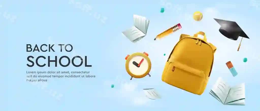 Maktabga qaytish parvoz veb baneri, uchuvchi maktab kundaliylari | Back school bright web banner with school supplies flying stationery 2