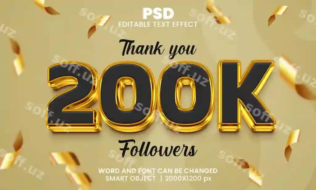 Rahmat 200 ming obunachilar uchun 3D tahrir qilish mumkin matn effekti premium psd bilan | Thank you 200k followers 3d editable text effect premium psd with