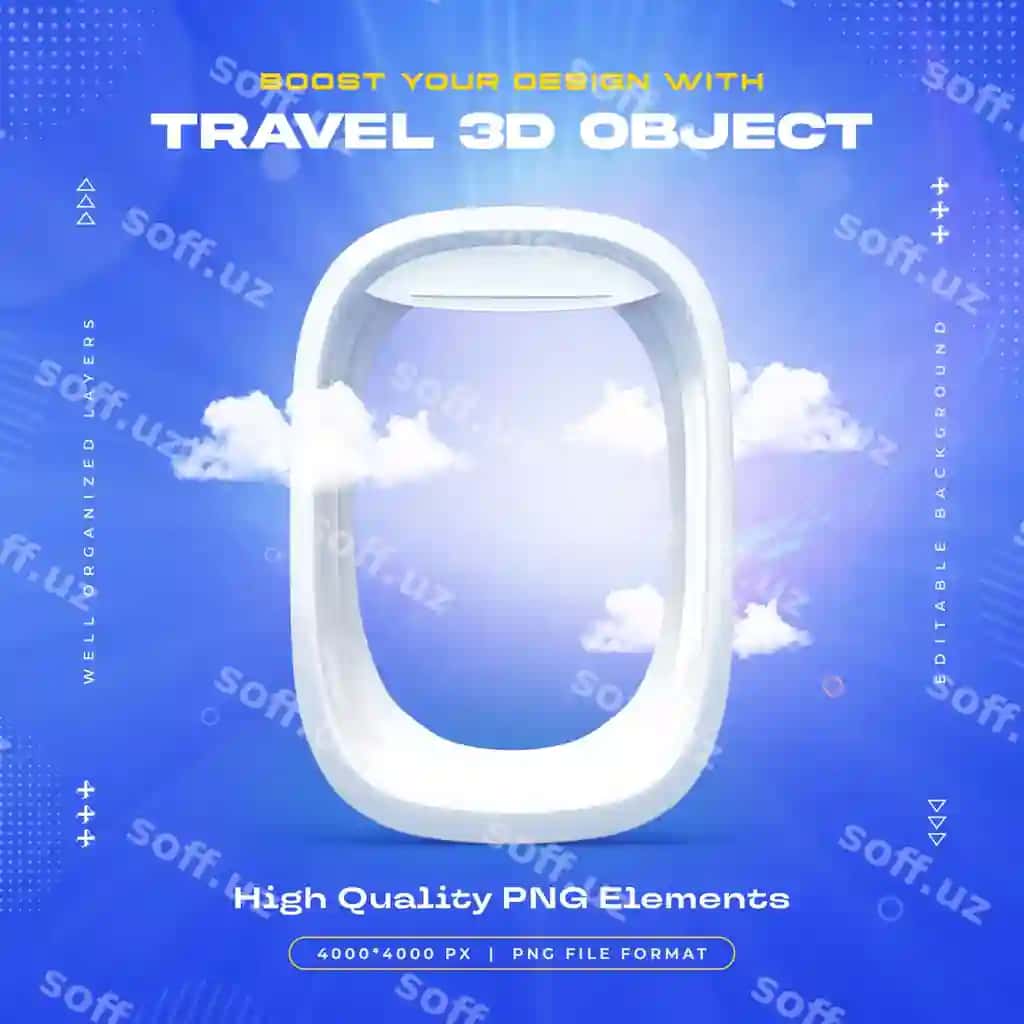 Sayohat uch o'lchovli obyekt samolyot oynasi ko'rinishlari ajralangan illustratsiya | Travel 3d object airplane window views isolated illustration