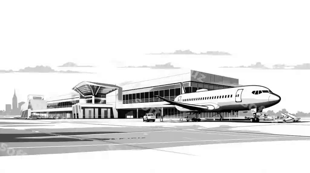 Qora oq aeroport illustratsiyasi bold nazik me'morchilik kompositsiyalari | Black white airport illustration bold graceful architectural compositions