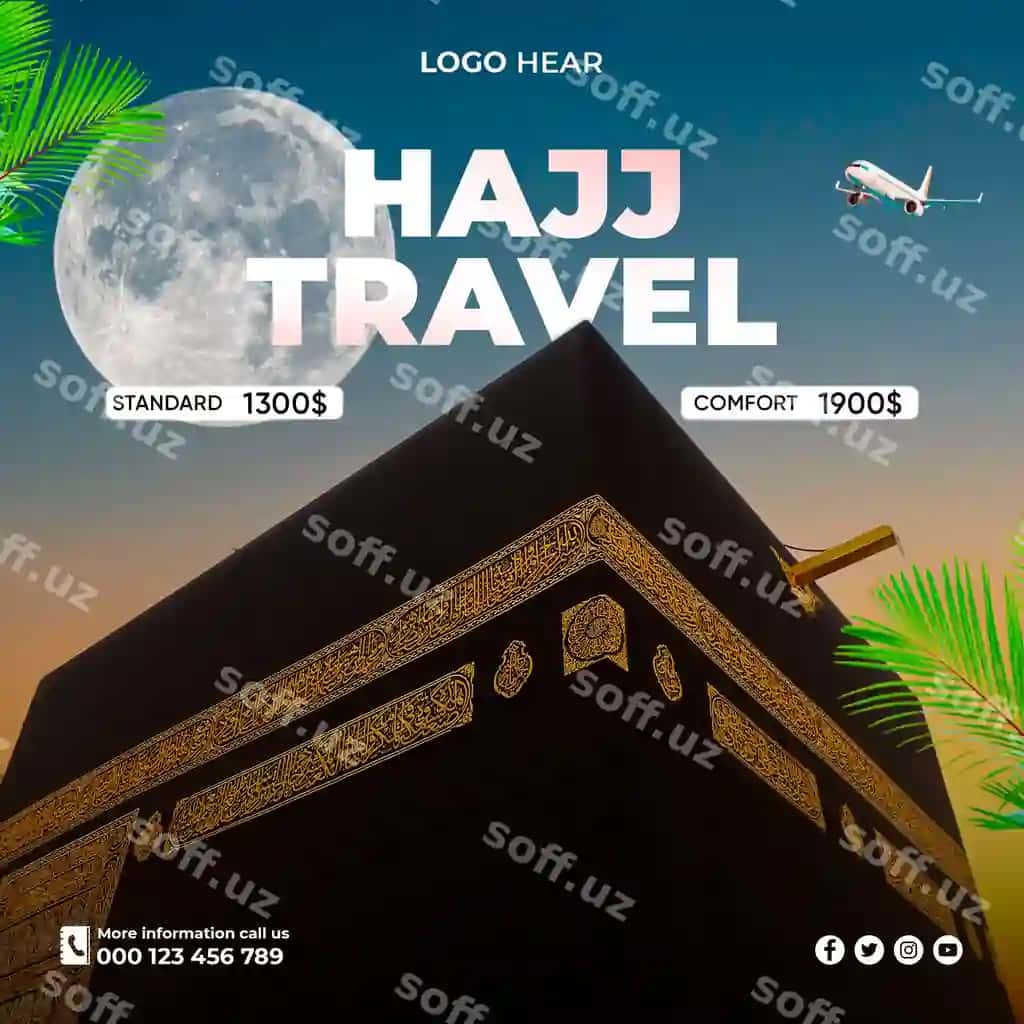 Hajj umrah sayohat ijtimoiy media posti uchun shablon psd fayl | Hajj umrah travel social media post template psd file 2