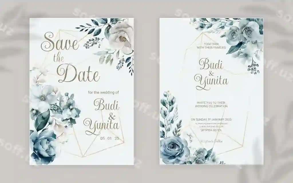 Nikoh taklifnoma kartasi shabloni chiroyli gul barg'i bezatilgan | Wedding invitation card template with beautiful flower leaves ornament