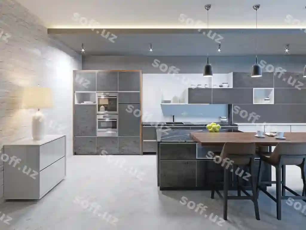 Zamonaviy oshxona dizayni uzun markaziy bar stoli qora marmar yuzakasi va Nieh metal liki jihozlari bilan 3D render | Modern kitchen design with long center island bar table fitted with black marble countertop stainless steel equipment 3d rendering 2