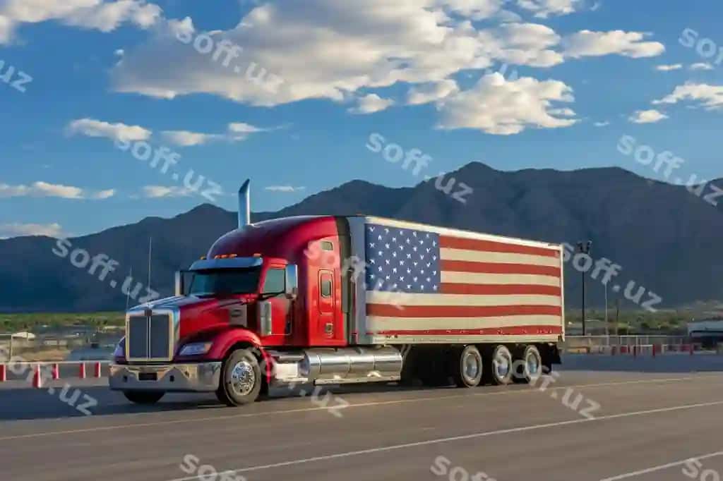 Katta yuk avtomobili AQSH milliy bayrogʻiga ega, avtomagistral boʻyicha harakatlanayotgan. | Big truck with national flag usa moving highway